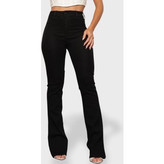 Calça Jeans Flare Boca de Sino Feminina Preta Cintura Alta Estilo Retro