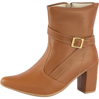 Bota Coturno Feminina Lumiss Bico Fino Salto Alto Grosso Confortável Caramelo