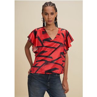 Blusa Morena Rosa V Manga Curta Cropped Estampado