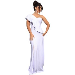 Vestido Longo de Festa Noivas Noivado Ano Novo Réveillon Babados Crepe Anastácia Branco