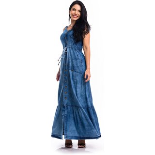 Vestido Longo Restrito Jeans com Regulagem - AZUL MÉDIO