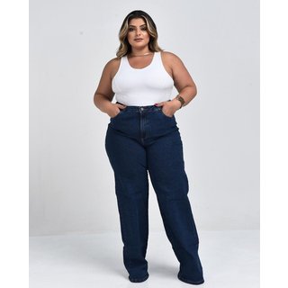 Calça Jeans Wide Leg Plus Size Feminina Cintura Alta Básica 28006 Escura Consciência