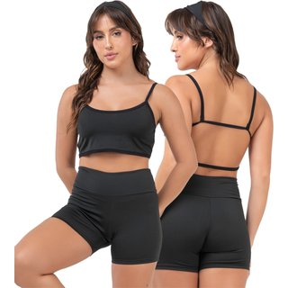 Conjunto Fitness Top Alcinha e Short Curto Cós Alto em Suplex de Academia 124+023 PRETO
