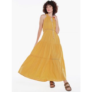 Vestido Longo de Laise Caramelo Algodão Puro Saia Rodada