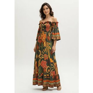 Vestido CabanaFree Longo Ciganinha Estampado Jaguá Verde