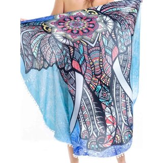 Canga Redonda Pompons Cetim Estampado EXCLUSIVO Elefante Indiano Azul