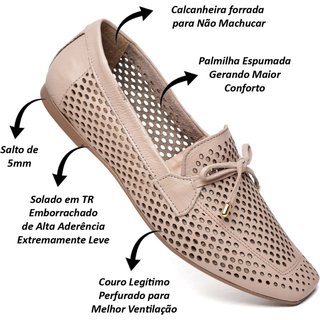 Mocassim Feminino Em Couro Confortável Recortado a Laser 152 Nude
