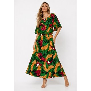 Vestido Midi Cabanafree Ciganinha Viscose com Lapela Estampa Festa dos Tucanos