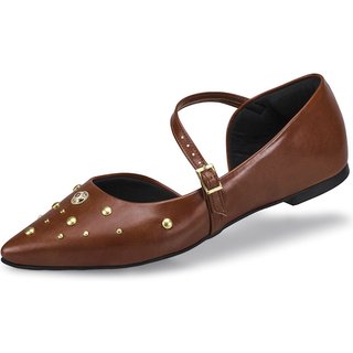 Sapato Feminino Sapatilha Slingback Rasteira Bico Fino Fivelas Mule Social Casual 6773 Caramelo