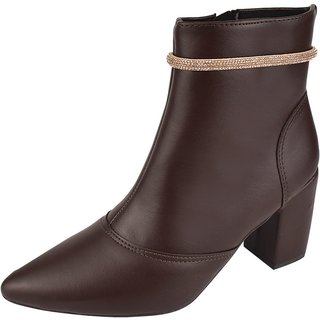 Bota Cano Curto Rosa Chic Calçados Bico Fino Salto Alto Zíper Brilho Strass Feminino Café