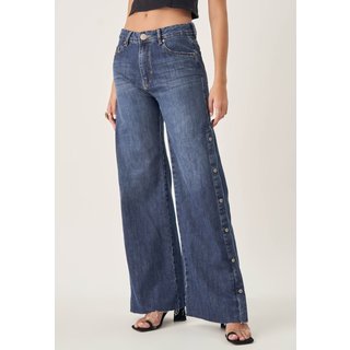 Calça Jeans Wide Cintura Alta Botões Laterais
