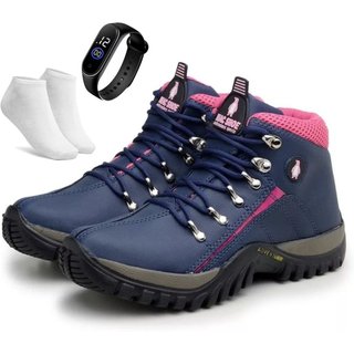 Kit Bota Adventure Bia Ramos para Trilha Confortavel Feminina Azul Pink + Relógio e Meia