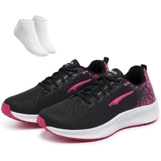 Kit Tênis Casual Feminino Esportico Leve Super Macio Ortopédico Preto Pink + Meia