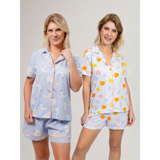 KIT Pijama Americano Curto Lua Azul + Pijama Americano Curto Corações Colorido