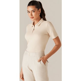 Blusa Malha Gola Polo Feminina Bege Claro