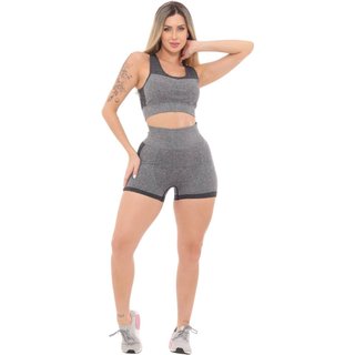 Conjunto Top e Shorts Fitness GARAIS MODA Cinza Claro com Preto