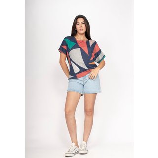 Blusa Amazonia Vital Básica Morcego Malha Gola Canoa Manga Curta Geometrias do Tempo