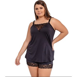Pijama Short Doll Baby Doll IMI Lingerie Em Microfibra E Renda Plus Size Cecília Preto