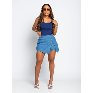 Shorts Saia Feminino Jeans Claro Cintura Sem Cós com Zíper Barra Assimétrica Fenda