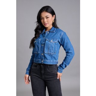Jaqueta Jeans Cropped Feminina com Botões Lemier Collection Azul