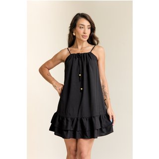 Vestido Curto Soltinho Alças Finas Babado Preto Lemier Collection