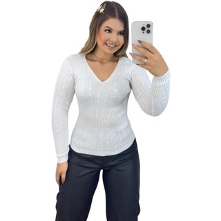 Blusa Suéter Feminino Industrie de Tricô Branco Manga Longa