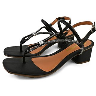 Sandália Feminina Salto Baixo Confortável Elegante Casual Dia a Dia Pedraria Fivela Regulagem Preto