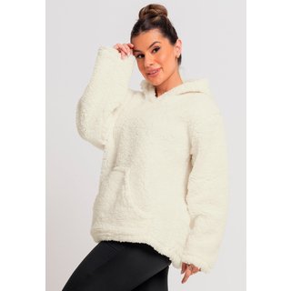 Casaco MVB Modas Flanelado Peluciado Feminino Capuz Bolso Teddy Off White