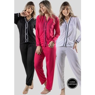 Kit 2 Pijamas Blogueira Longo Aberto Botões Joyce Multicolorido