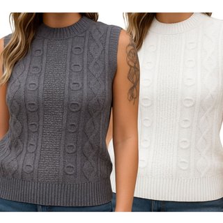 Kit 2 Blusas Tricô FMF Chumbo e Branco Sem Manga Básica Casual