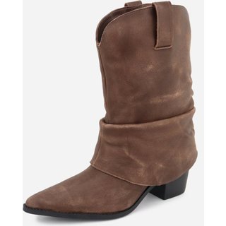 Bota Texana Country Western Enrugada Slouchy Em Couro Feminina Bico Fino Maria Paula Camurça Café
