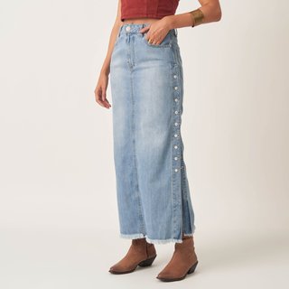 Saia Jeans Longa Abertura Botões Lateral