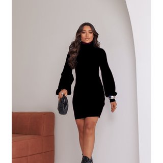 Vestido Cherry Line Tricô Gola Alta Manga Longa Bufante Preto