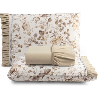 Jogo Cama Lençol Fiore Casa Scarpa King Estampado 180 Fios 100% Algodão com Babadinho 3 Peças Bege Floral