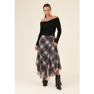 Saia Midi Assimétrica Pop Me Em Tule Xadrez Urban Bege