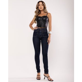 Calça Jeans Skinny Feminina Cintura Alta Bolsos Frontais 23060 Escura Consciência