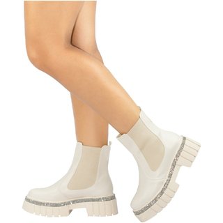 Bota Chelsea Strass Feminina Lumiss Tratorada Confortável Coturno Cano Curto Plataforma Off White