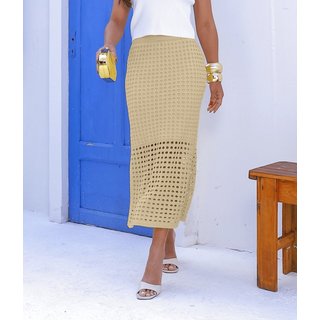 Saia Cherry Line Midi Tricot Forro Feminino Vazado Cintura Alta Areia