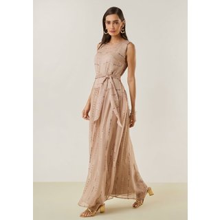Vestido Maria Valentina Solto Decote Careca Sem Manga Longo Bege