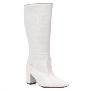 Bota Feminina Domidona Cano Alto Longo Animal Print Salto Alto Grosso Off White