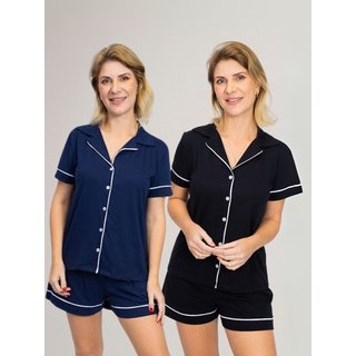 KIT Pijama Americano Curto Preto + Pijama Americano Curto Marinho