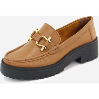Mocassim em Couro Tratorado Leve Conforto Fivelas Douradas Maria Paula Camel