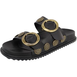 Papete Sandalia Fivela Metal Enfeite Medalha Lateral Rasteira Lançamento Verão Tendência Agnes Veronez Preto