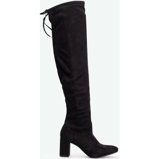 Bota Over The Knee Cano Alto Salto 7cm com Zíper Bico Fino Malha Kneet Preto Moderno Sofisticado