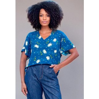 Blusa Amazonia Vital Gola V Manga Ampla Curta Estampa Azul Florido