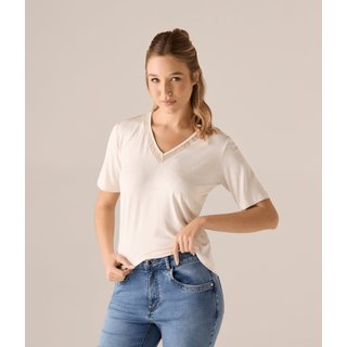 Blusa Makenji Malha Tricot Entremeio Decote V Feminina Off White