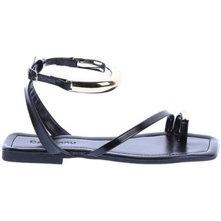 Michely - Rasteira Fashion Minimalista com Detalhes Dourados Preto