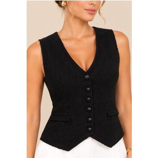 Colete Feminino Lapetry de Tricô Preto com Botões e Bolsos – Decote V