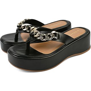 Sandalia Feminina Plataforma Anabela Donatella Shoes Chinelo de Dedo Corrente Sola Alta Preto