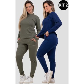 Kit 2 Conjuntos Canelado 4 Estações Manga Longa Blusa Canelada Calça Jogger Cintura Alta Liso Azul Marinho/Verde